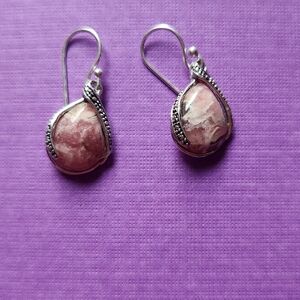 1 Pair of Rhodochrosite & Antinqued Sterling Silver Earrings Pierced Fishhook